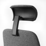 Adjustable office chair headrest, showing black plastic and gray fabric, designed for neck support.