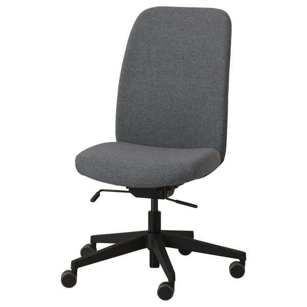 Grey VALLFJÄLLET office chair with adjustable height and caster wheels, offering ergonomic support.