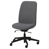 Grey VALLFJÄLLET office chair with adjustable height and caster wheels, offering ergonomic support.