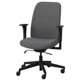 Gray VALLFJÄLLET office chair with black frame, armrests, and wheels. Back support and adjustable height.