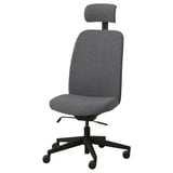 VALLFJÄLLET grey office chair with headrest, fabric, five wheels, adjustable height and tilt.