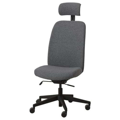 VALLFJÄLLET grey office chair with headrest, fabric, five wheels, adjustable height and tilt.