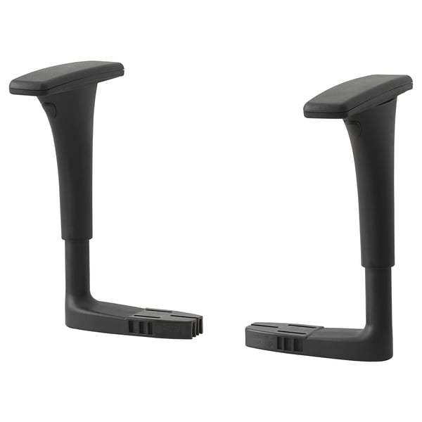 A pair of black VALLFJÄLLET office chair armrests, adjustable and padded for comfort.