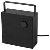 Black VAPPEBY bluetooth speaker with fabric cover, round button, handle, and cord.