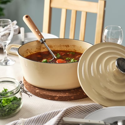 VARDAGEN Casserole with lid, enamelled cast iron light yellow, 4 l