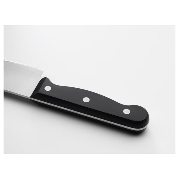 A high-quality knife with a sharp stainless steel blade and a durable black plastic handle. The tang runs through the handle for balance and strength.