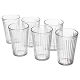 Six clear, tall, ribbed glasses in a circle, made of tempered glass, with classic design.