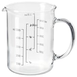 Clear glass measuring jug with handle, marked in milliliters and cups, transparent, simple design, ideal for kitchen use.