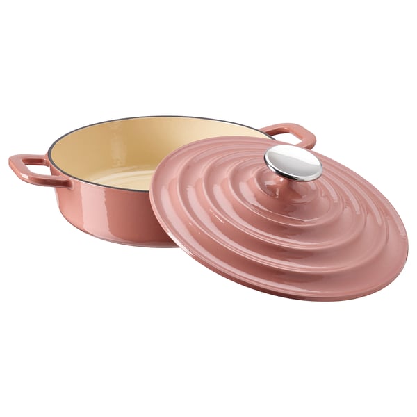 VARDAGEN Pot with lid, enamelled cast iron light pink, 2.5 l
