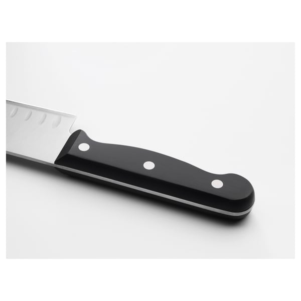Knife with black handle and stainless steel blade, designed for lasting sharpness and balance.