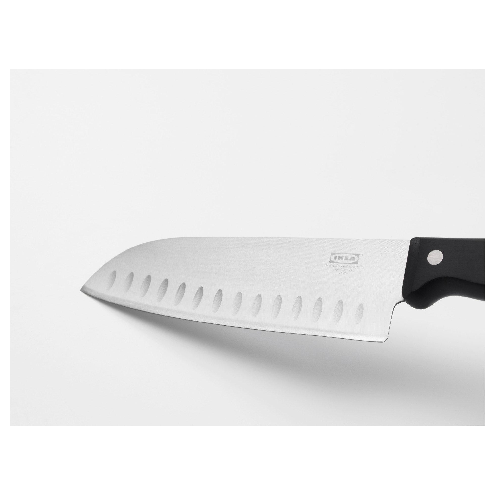 A high-quality stainless steel knife with a black plastic handle and indentations on the blade, designed to prevent food from sticking.