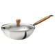 A VARDAGEN wok with a wooden handle and a glass lid. The wok is silver with a round design and a flat bottom.