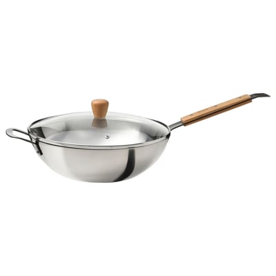 Stainless steel wok with wooden handle & glass lid, modern design.