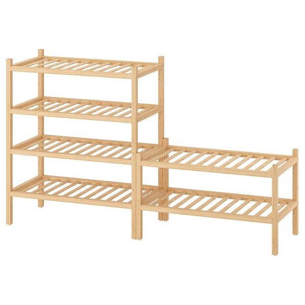 A natural-colored wooden storage rack with multiple shelves. Its made of bamboo and has a simple, sturdy design.