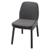 VEDBO grey chair: upholstered seat, black legs, curved back, sturdy design.