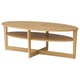 A light brown wooden coffee table named VEJMON with a shelf for storage, designed with clean lines and an oval shape.