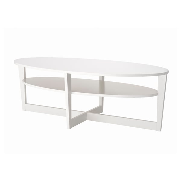 A white VEJMON coffee table with an oval shape and a lower shelf.
