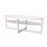 A white VEJMON coffee table with an oval shape and a lower shelf.