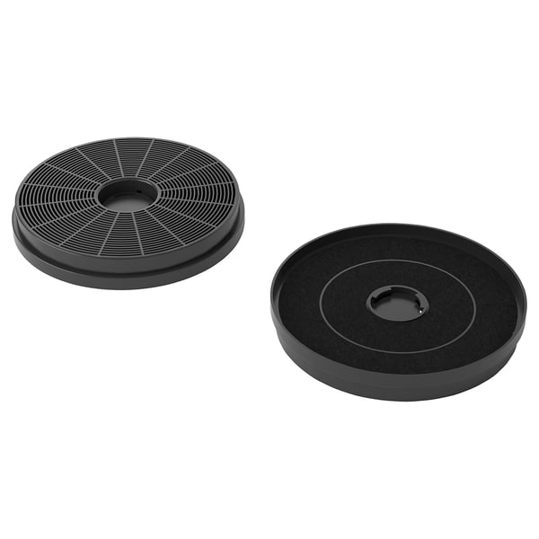 Two black round filters, one with grid design, likely for kitchen use.