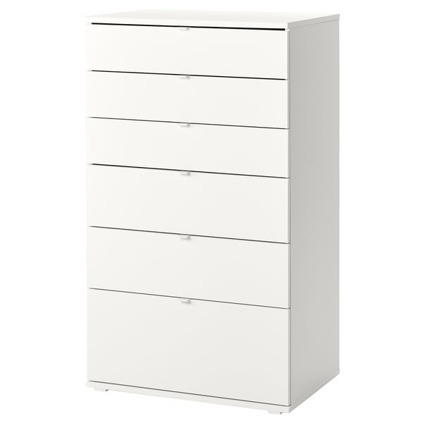 White VIHALS five-drawer chest, sleek design, particleboard with safety anchors.