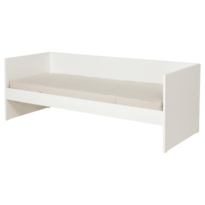 A white VIHALS daybed with a beige mattress, ideal for small spaces, offering a clean and modern design.