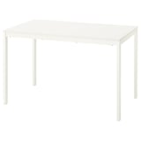 White IKEA VIHALS extendable rectangle dining table, sleek design.