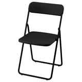 A black VIHALS folding chair. It has a sleek, black metal frame and plastic seat and back, designed for easy use and storage.