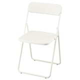 Depicts a white VIHALS folding chair. It a minimalist design with a metal frame and plastic seat and back. The chair is lightweight and easy to fold.