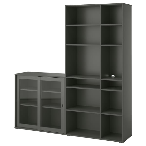 Gray VIHALS storage set: tall shelf, low cabinet with glass doors.