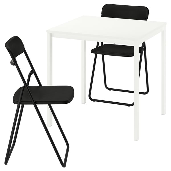 VIHALS Table and 2 folding chairs, white/black, 74x74 cm