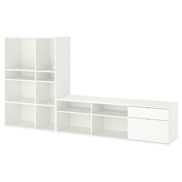 Modern white modular storage set with shelves and drawers.