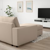 Beige VIMLE sofa with chaise in minimalist living room, tv on console.