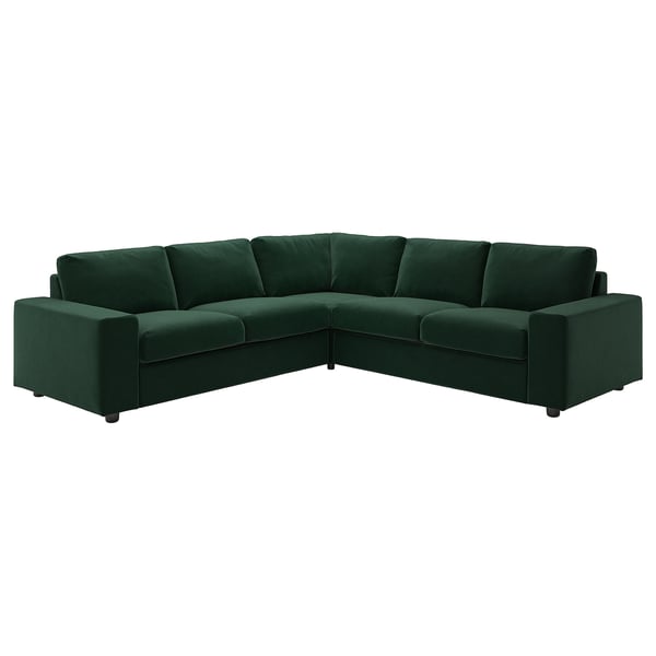 A dark green l-shaped VIMLE sectional sofa with plush cushions and wooden legs.