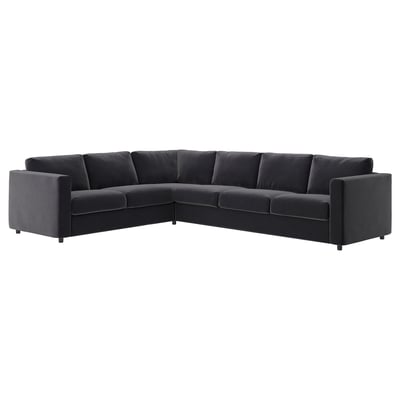 Modern dark gray l-shaped velvet sectional sofa, sleek and minimalist design.