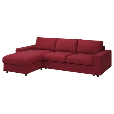 VIMLE: red fabric 2-seat sectional sofa-bed with chaise, modern design.