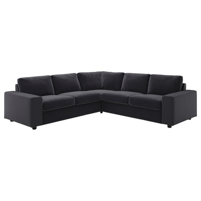 VIMLE: dark gray, plush corner sofa with deep seating, square arms, and clean lines.