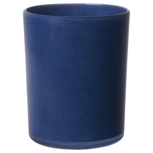 Cylindrical blue glass candle holder, handcrafted, matte finish.