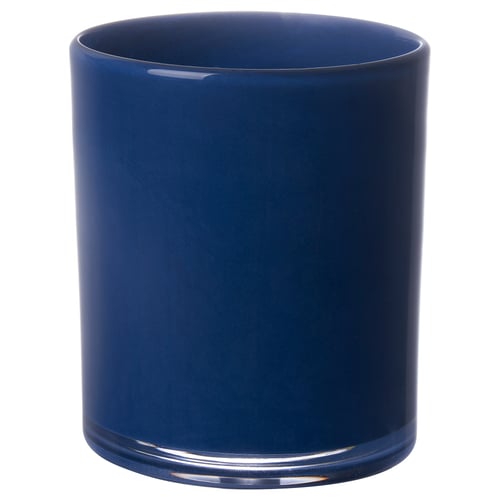 Blue ceramic cylindrical candle holder, smooth finish, single colour.