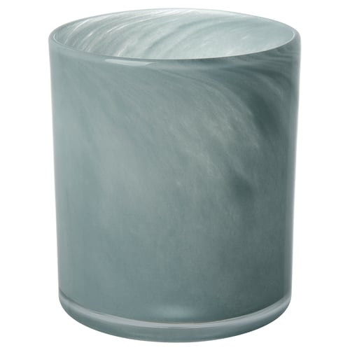 Round, frosted blue-green glass candle holder. Handcrafted with a wavy, textured design.