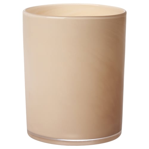 Six-inch tall, cylindrical, light beige glass candle holder.