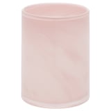 A light pink, cylindrical glass candle holder. Its smooth design and frosted finish create a soft, elegant glow.