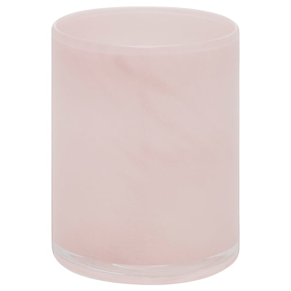 Pink glass candle holder, round shape, frosted design.