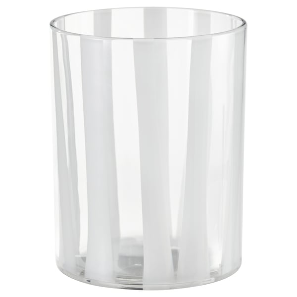 VINDSTILLA: clear, cylindrical glass candle holder with subtle vertical stripes.