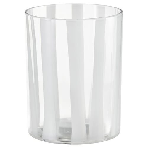 VINDSTILLA: clear, cylindrical glass candle holder with subtle vertical stripes.
