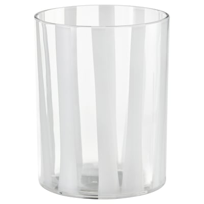 VINDSTILLA: clear, cylindrical glass candle holder with subtle vertical stripes.