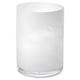White glass candle holder, cylindrical with frosty swirls, handcrafted.