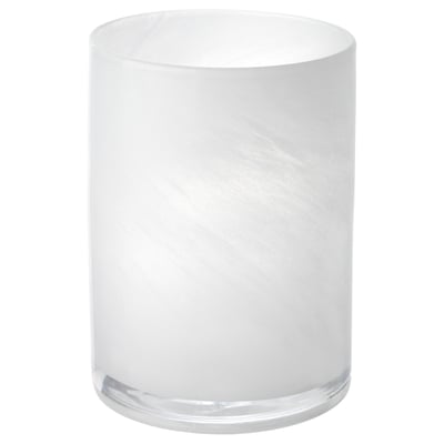 White glass candle holder, cylindrical with frosty swirls, handcrafted.