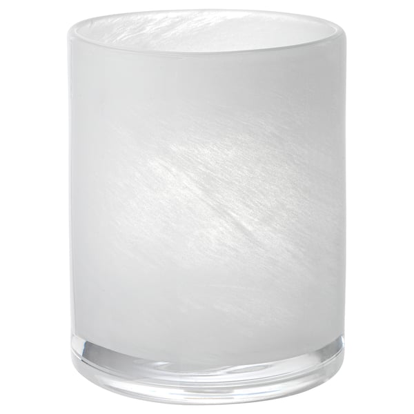 White, cylindrical VINDSTILLA glass candle holder with frosted, swirled design.