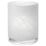 White, cylindrical VINDSTILLA glass candle holder with frosted, swirled design.