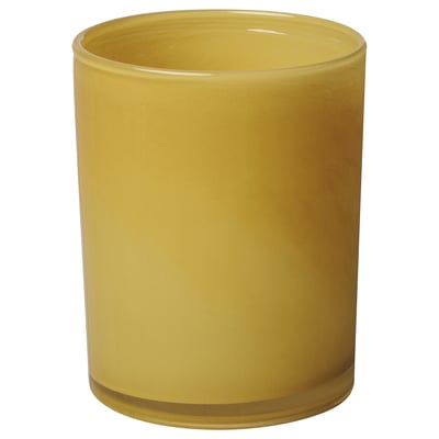 Single, yellow, cylindrical glass candle holder with subtle, hand-blown texture.